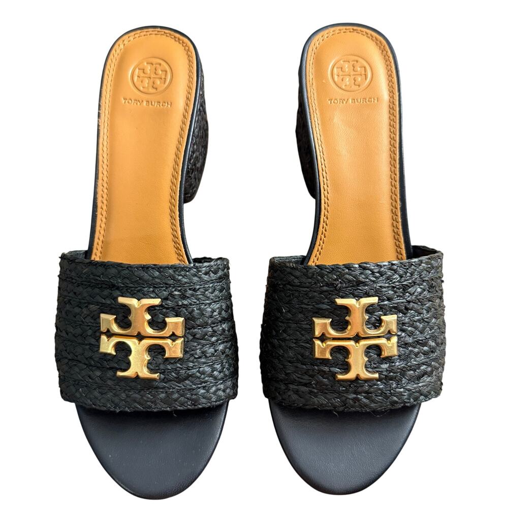 TORY BURCH Women's Everly Raffia Block Sandal Slide Black Size 10